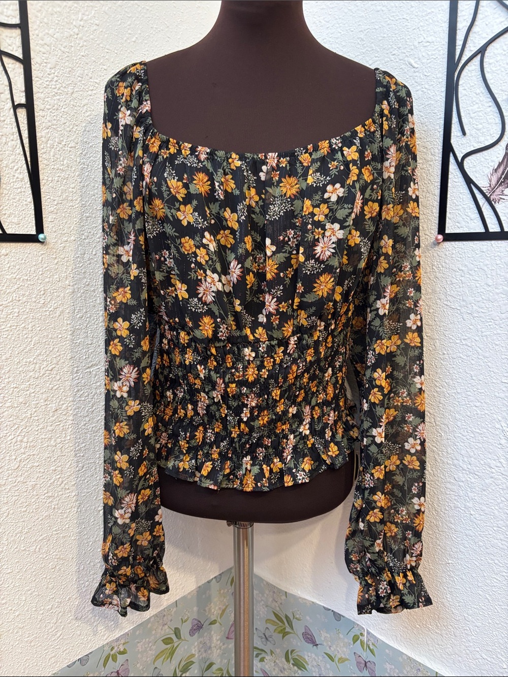 Y2K Rabbit Rose black & yellow floral long sleeve sheer crop top. Size XL.